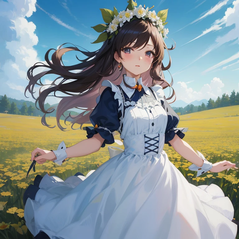 Anime girl in flower garden with a crown of flowers, Beautiful maiden, anime girls in maid costumes, Cute anime waifu in a nice dress, Official art, cushart krenz key art feminine, guweiz on pixiv artstation, in dress, a maid in a magical forest, Anime visuals of cute girls, official anime artwork
