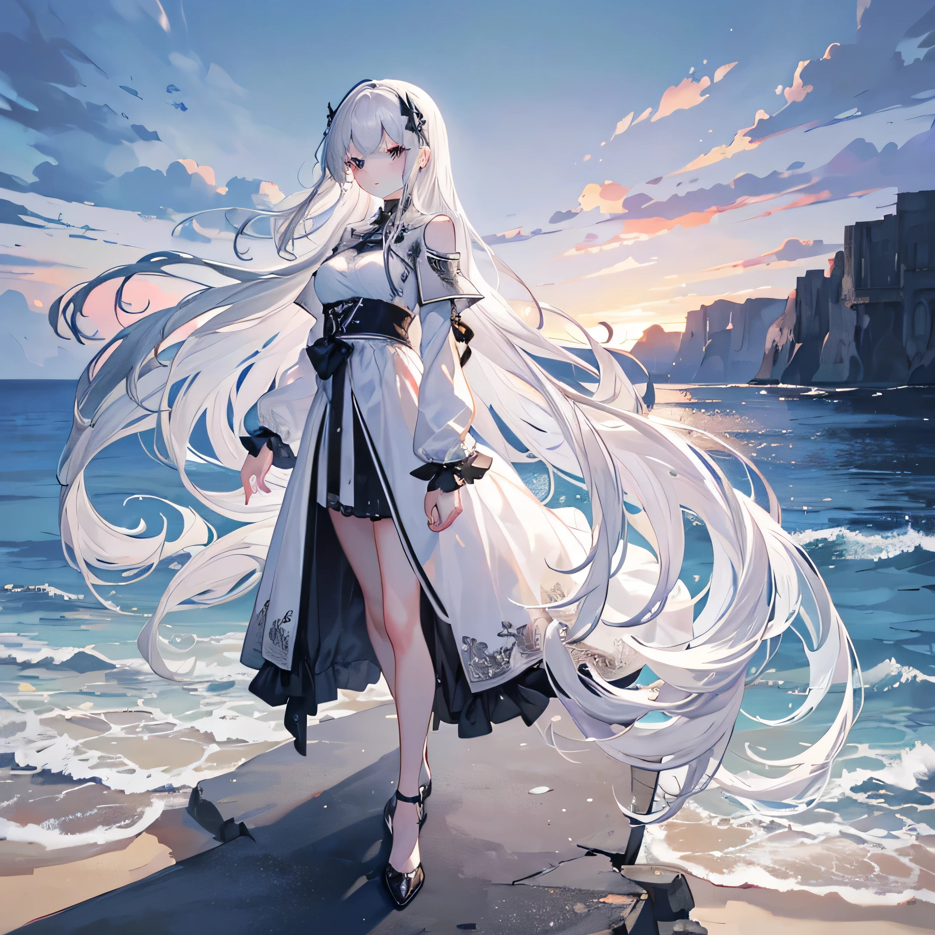 (*****, top-quality, 8K, masterpiece, Top image quality, Hi-Res, super detailing, Ultra HD, (Delicate and smooth skin, real looking skin, Perfect and beautiful face ,Perfect and cute face, high detail skin, Perfect limbs)), white shirt under a black coat, sunset on beach background, full body , grey eyes , girl , long hair , silver hair , looking at viewer, side angle, medium breasts , mouth , silver hair , grey pupils , right arm pointing on the sky , one hand pointing to the sky, left arm holding side of belly , perspective angle, black shoes , long sleeves , smile , standing, knee metal armor
