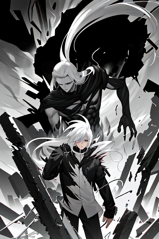 Boy, with long hair, with white hair, black and white, destruction, 4K quality.