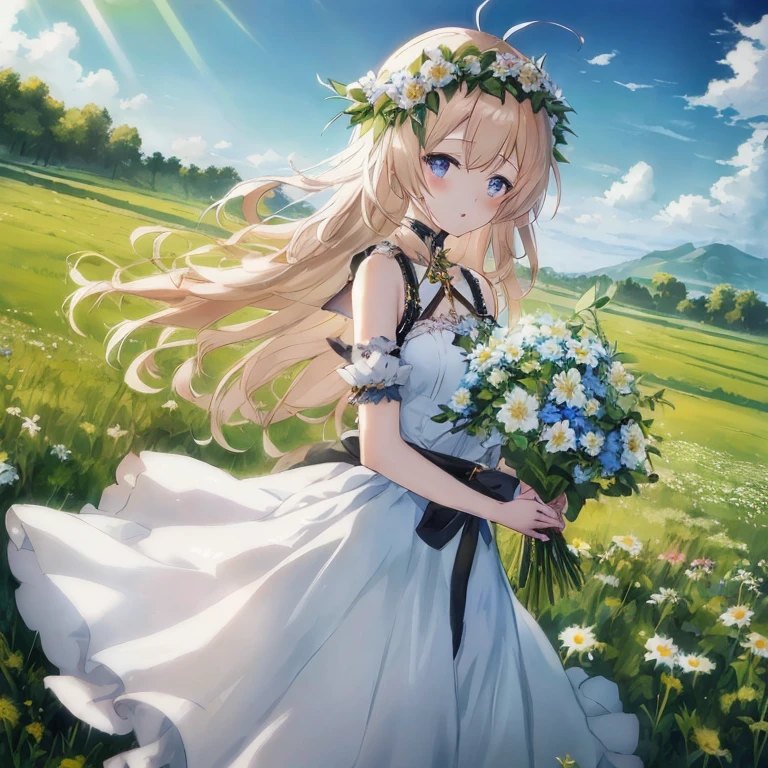 Anime girl with flowers in her hair walks in the field, in dress, guweiz on pixiv artstation, cushart krenz key art feminine, sh, Anime visuals of cute girls, Beautiful maiden, Cute anime waifu in a nice dress, Rin, guweiz on artstation pixiv, guweiz, Smooth Anime CG Art