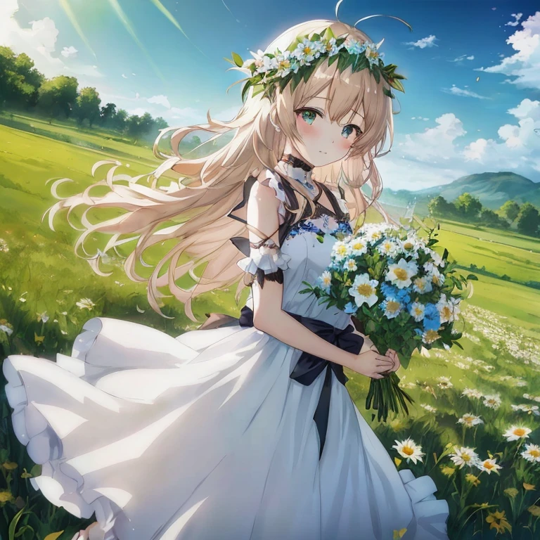 Anime girl with flowers in her hair walks in the field,  in dress, guweiz on pixiv artstation, cushart krenz key art feminine, lolish, Anime visuals of cute girls, Beautiful maiden, Cute anime waifu in a nice dress, Rin, guweiz on artstation pixiv, guweiz, Smooth Anime CG Art