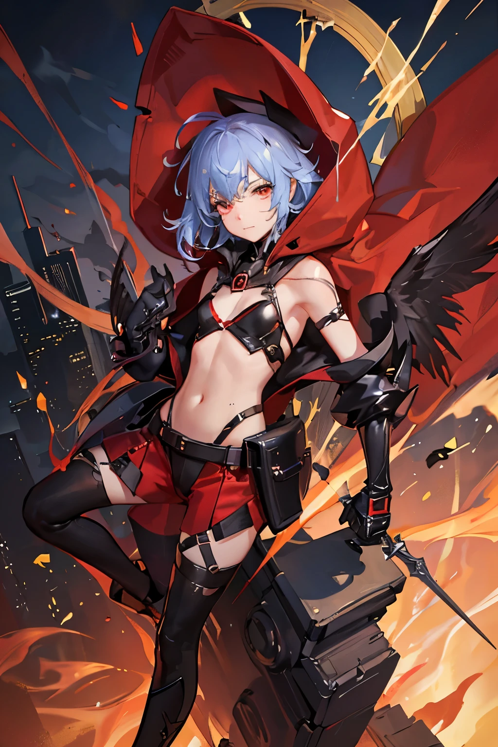 Create an image of an adult Red Riding Hood superhero who is vigilantly patrolling the crime-infested streets of a dark and dangerous city. She is a (((femboy))) wears a sleek, modernized version of the classic red hooded cape, but it's now a form-fitting, crimson latex outfit with black accents. Her costume features elements of both strength and grace, with a touch of yellow to symbolize hope and determination. She's armed with domination gadgets and is seen confidently navigating the gritty urban landscape, her presence a beacon of justice in the midst of chaos. (((sexy))). ((((flat chest)))) action pose, dynamic angle