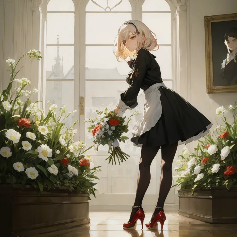 Anime character in maid clothes holding flowers in front of window, guweiz, guweiz masterpiece, artwork in the style of guweiz, guweiz on pixiv artstation, cushart krenz key art feminine, krenzcushart, guweiz on artstation pixiv, anime girls in maid costumes, lolish
