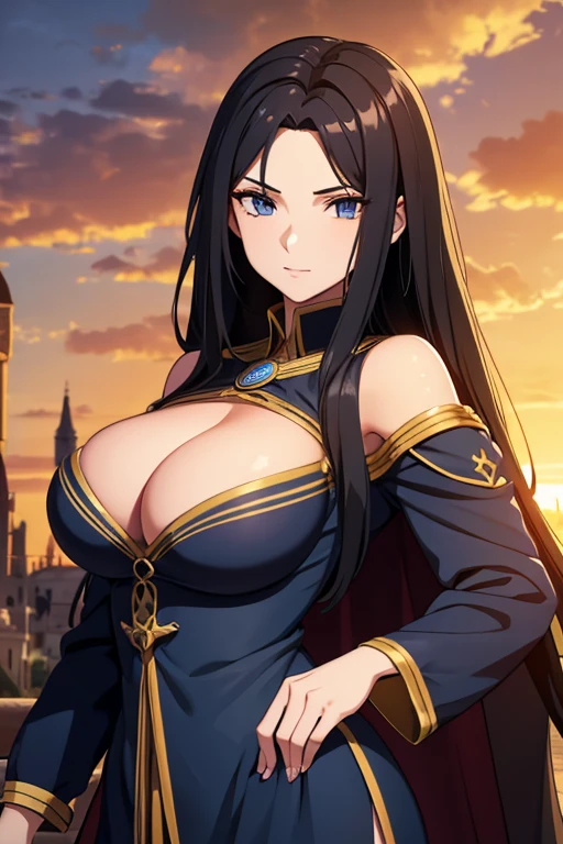 Human girl magician, 25 years old, Mediterranean features, long black hair, busty, medieval fantasy setting