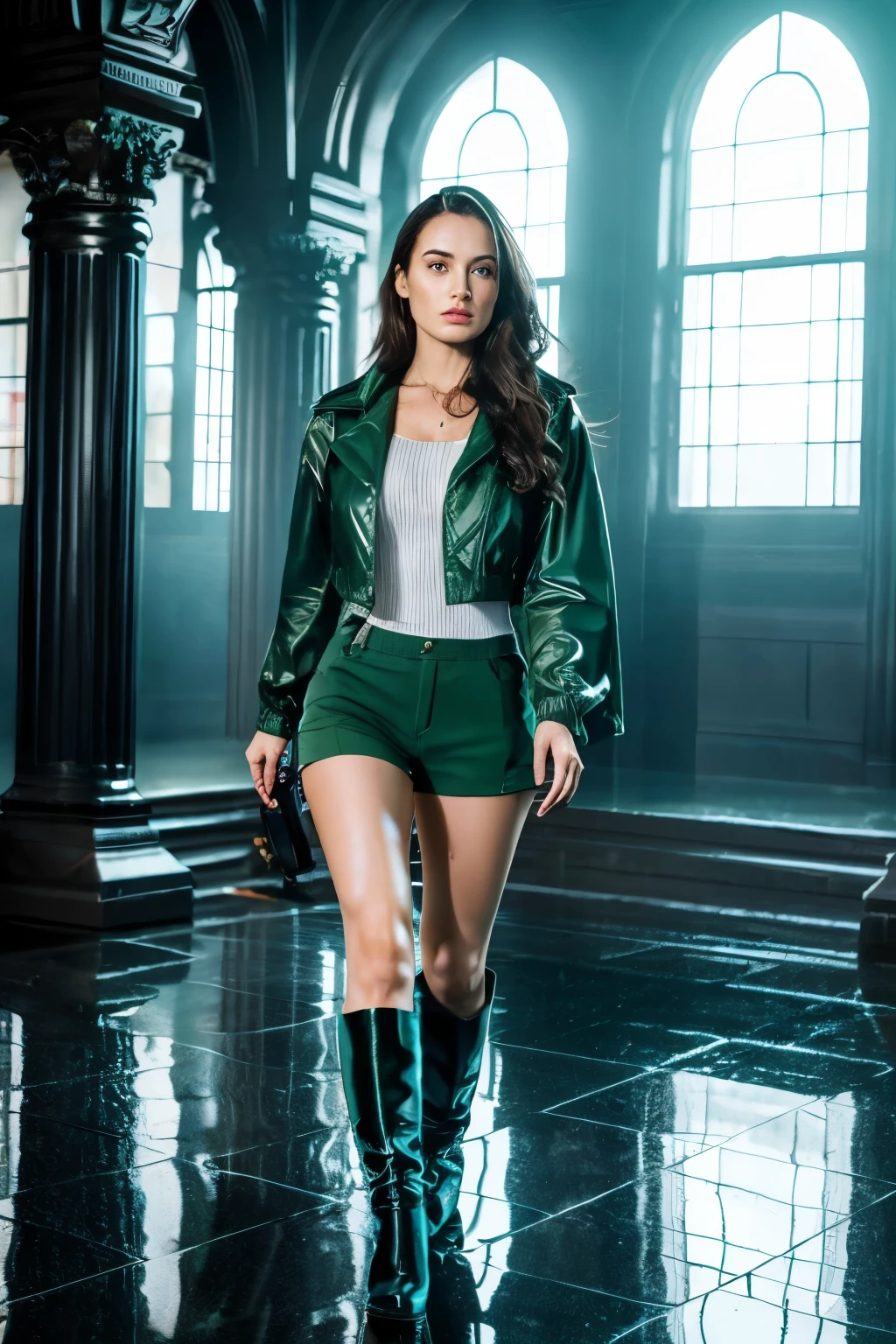 Lara Croft, A woman designed with a high level of detail and a glossy, almost hyper realistic quality, gorgeous model, green blue outfit short jacket, shorts, and thigh high heel boots, her outfit accentuates her body, reflective, shiny. realistic. rainy day, wet, water dripping, standing against a backdrop of a Tomb Temple, epic masterpiece, cinematic experience, 8k, fantasy digital art, HDR, UHD. This contrast between the fantastical character and the more traditional color scheme and elements gives the piece an intriguing narrative quality. Model Is looking at camera, with one leg extended outwards toward the camera.