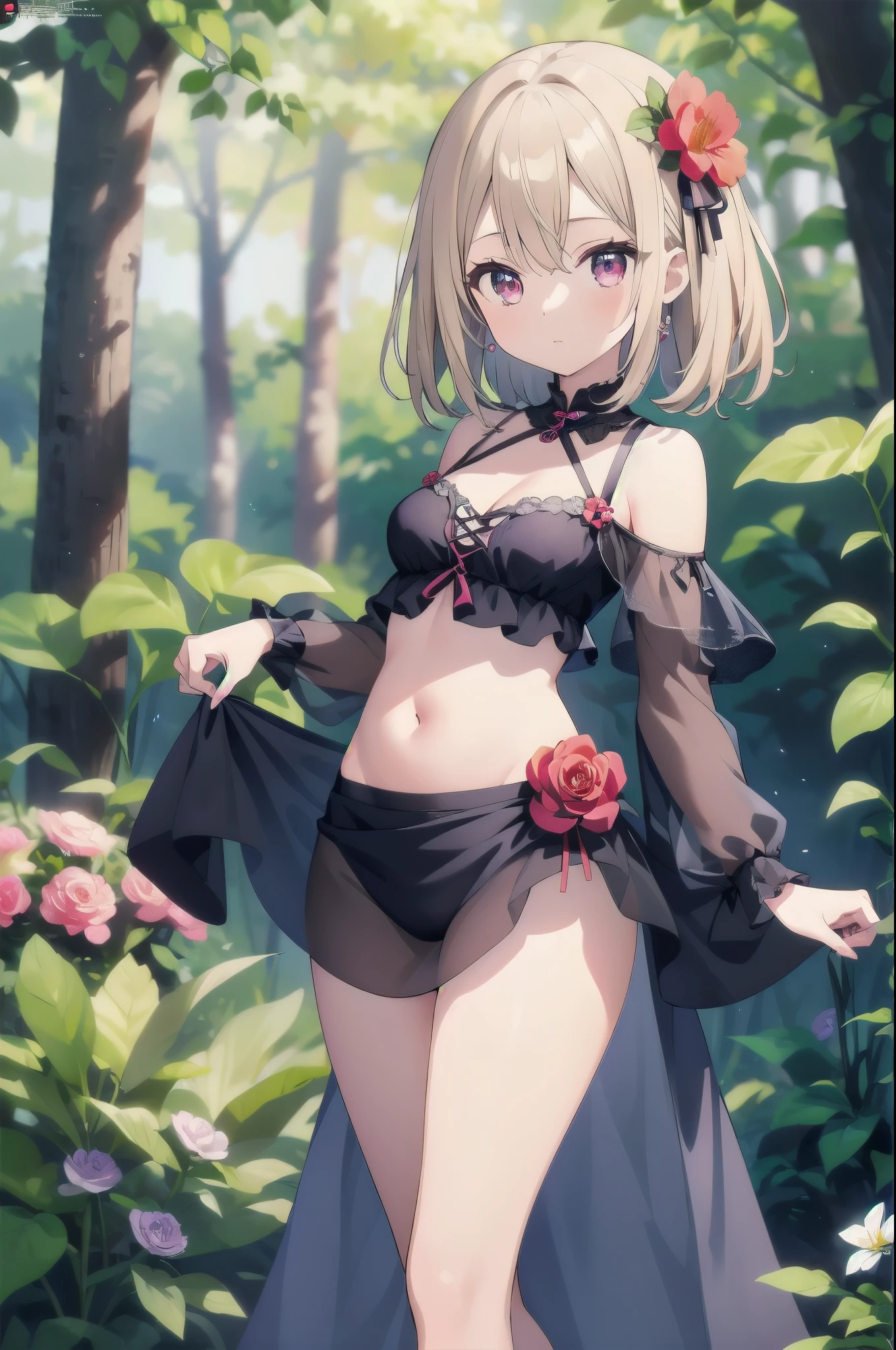 (masterpiece)、(highest quality)、(Super Detail)、(Best Anatomy)、Official Art, One Girl, Light-colored hair, , Fairy , See-through dress, Small , Cleavaghe shoulder, Underbust, Focus on the thighs, Belly button, Flower en in the forest