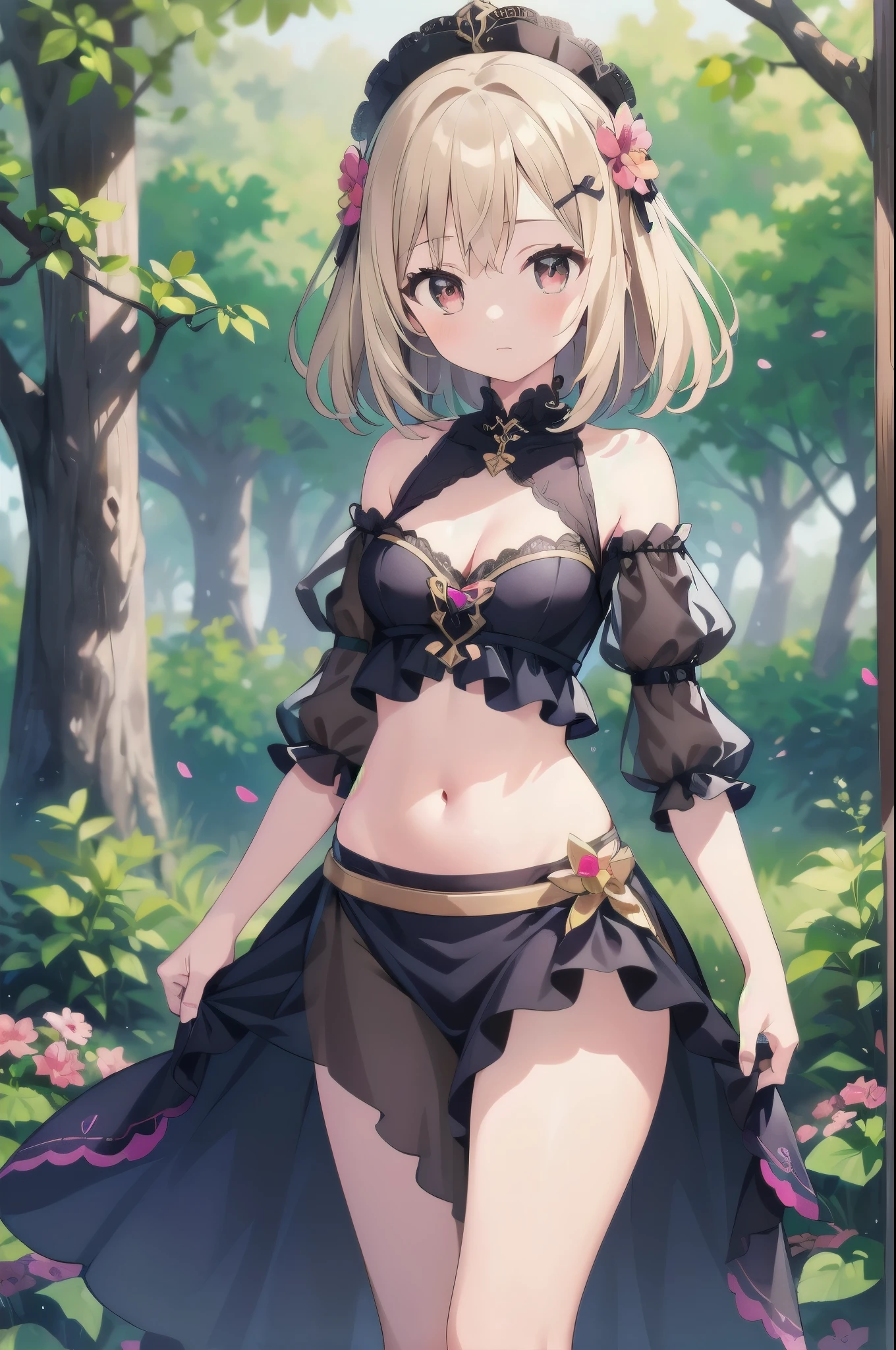 (masterpiece)、(highest quality)、(Super Detail)、(Best Anatomy)、Official Art, One Girl, Light-colored hair, , Fairy , See-through dress, Small breasts, Cleavage, Off the shoulder, Underbust, Focus on the thighs, Belly button, Flower garden in the forest