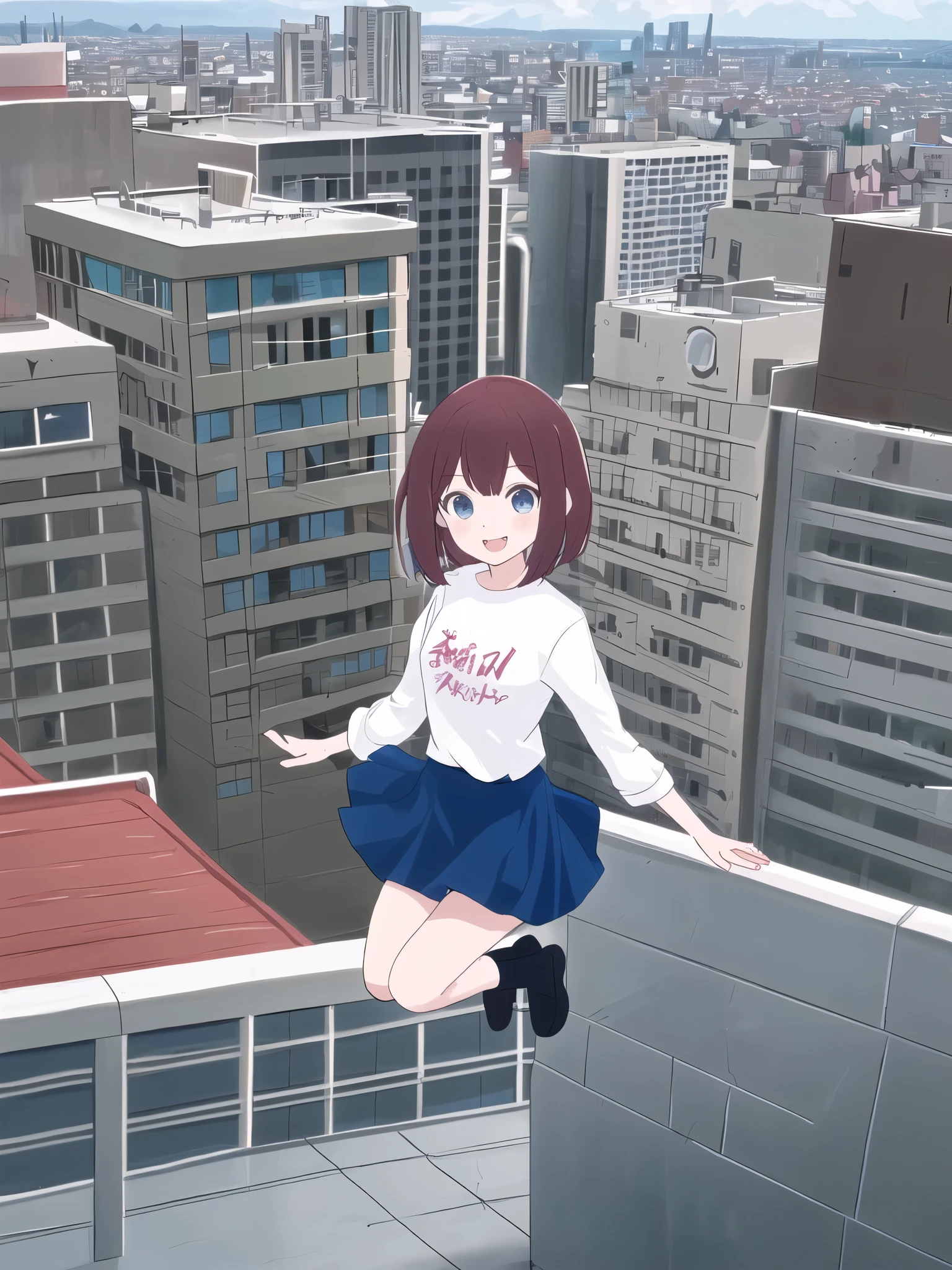 shirt,ribbon,mini skirt,Bob Hair,Half Up(left),Masterpiece,smile,whole body,City,building,rooftop,Big Jump