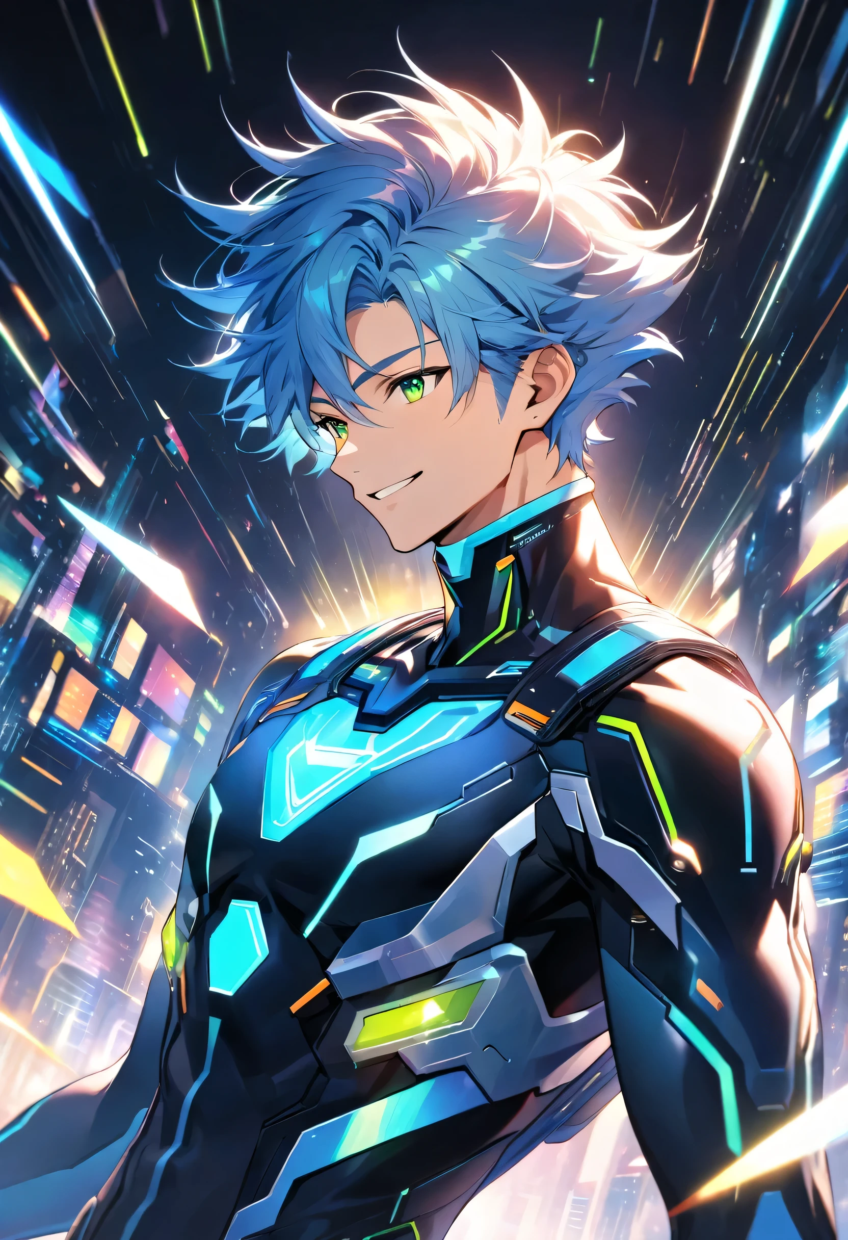 A friendly and charismatic male character in a futuristic black and blue cyber suit with glowing LED lines, short spiky blue hair, and sharp green eyes. He is tall, muscular, and has an energy backpack on his back. The character is smiling warmly and in a relaxed posture, exuding a welcoming and approachable aura. The background is a digital cityscape with floating holographic elements and light effects, representing a cybernetic world.
