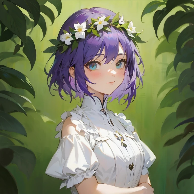 Anime girl with purple hair and white flowers in her hair, guweiz, artwork in the style of guweiz, anime moe art style, Ayaka Genshin Impact, cushart krenz key art feminine, anime lush john 8k woods, [[[[grinning evily]]]], guweiz on pixiv artstation
