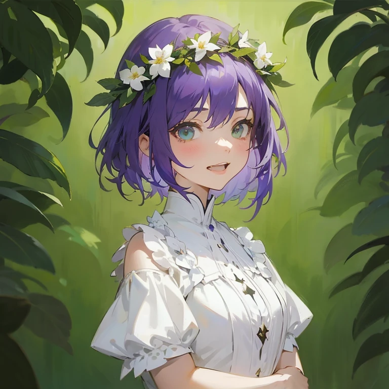 Anime girl with purple hair and white flowers in her hair, guweiz, artwork in the style of guweiz, anime moe art style, Ayaka Genshin Impact, cushart krenz key art feminine, anime lush john 8k woods, [[[[grinning evily]]]], guweiz on pixiv artstation