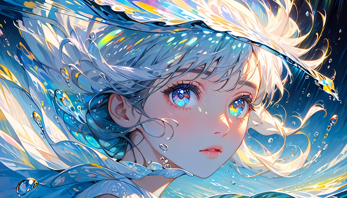girl swims underwater,hyper detailed render style,glow,yellow,blue,brush,surreal oil painting,shiny eyes,head closeup,exaggerated perspective,tyndall effect,water drops,mother of pearl iridescence,holographic white,black background,