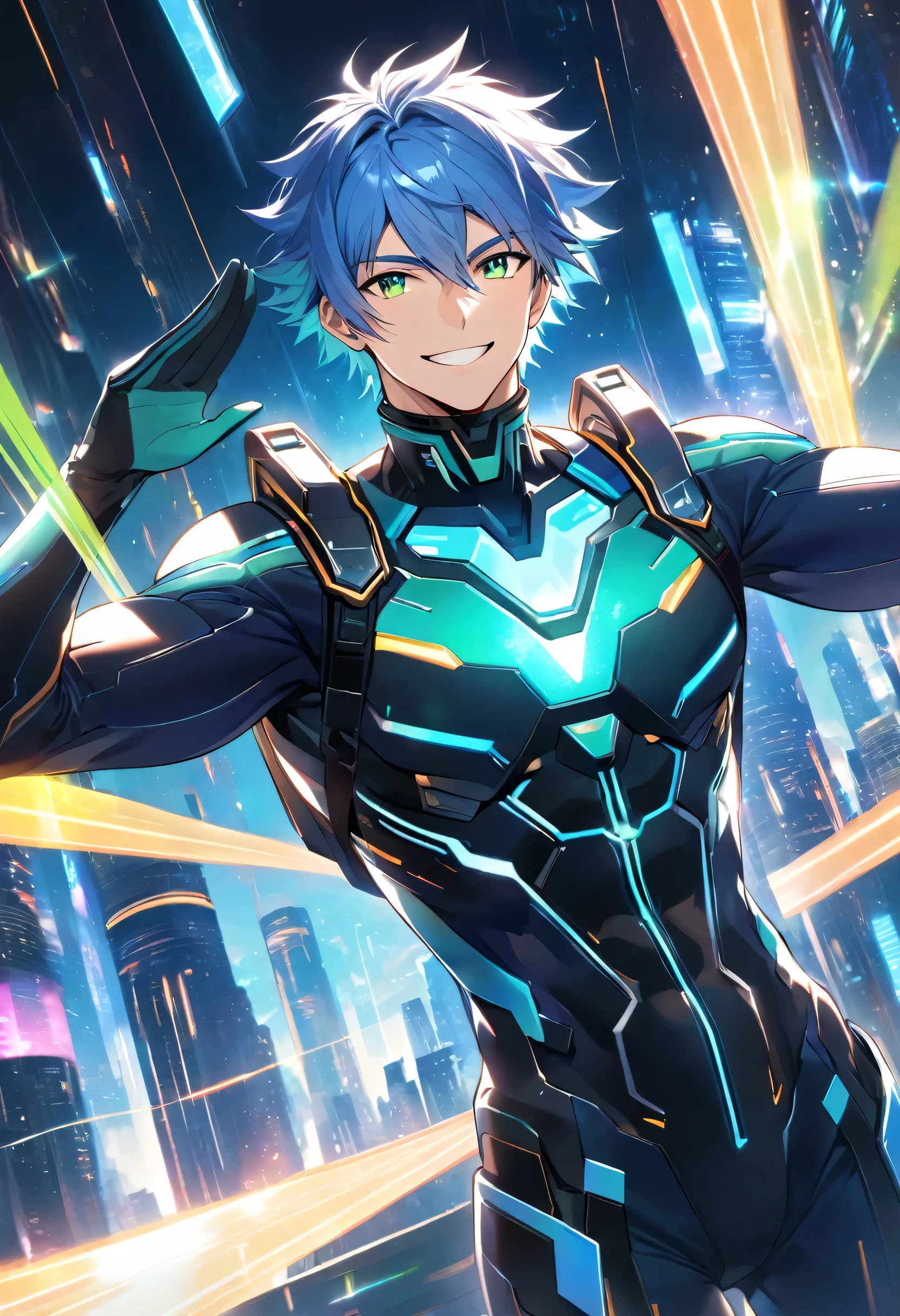 A friendly and charismatic male character in a futuristic black and blue cyber suit with glowing LED lines, short spiky blue hair, and sharp green eyes. He is tall, muscular, and has an energy backpack on his back. The character is smiling warmly and in a relaxed posture, exuding a welcoming and approachable aura. The background is a digital cityscape with floating holographic elements and light effects, representing a cybernetic world.