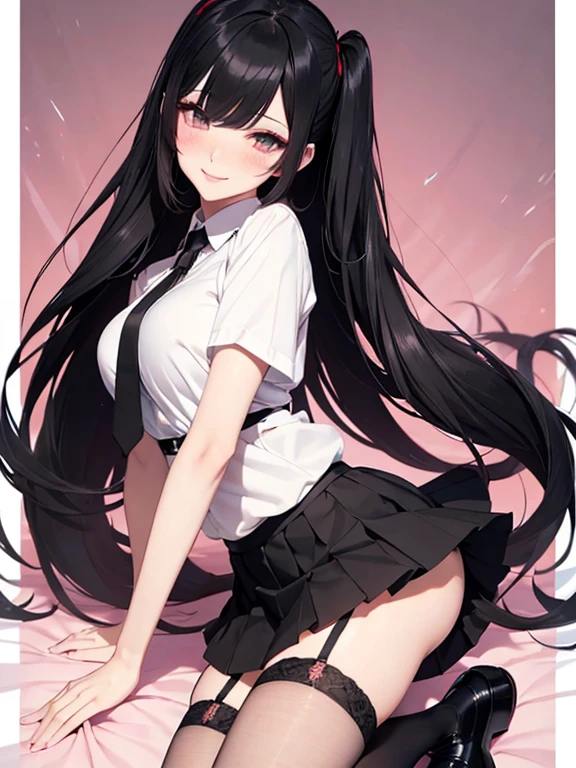 (Manhwa style), a sexy girl, long black straight hair, black eyes, beautiful eyes, blush on make up, red eyeliner, twintail hair, neck tie, white shirt, mini pleated skirt, stockings, garter belt, big breasts, blushing, smiling, (high quality), (best quality), (full body), sexy lips