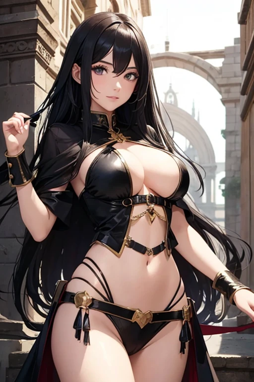 Human girl magician, 25 years old, Mediterranean features, long black hair, busty, medieval fantasy setting