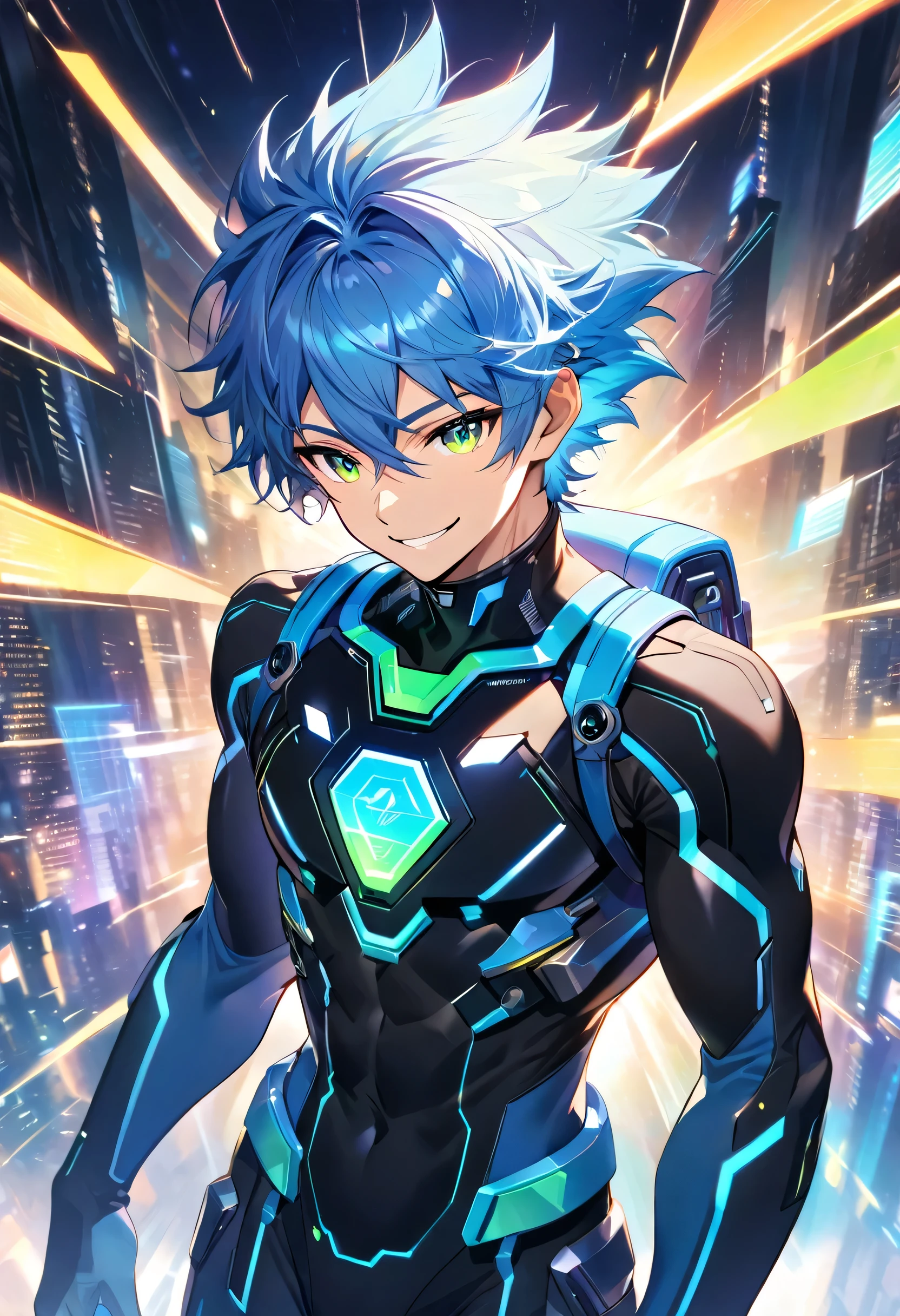 A friendly and charismatic male character in a futuristic black and blue cyber suit with glowing LED lines, short spiky blue hair, and sharp green eyes. He is tall, muscular, and has an energy backpack on his back. The character is smiling warmly and in a relaxed posture, exuding a welcoming and approachable aura. The background is a digital cityscape with floating holographic elements and light effects, representing a cybernetic world.