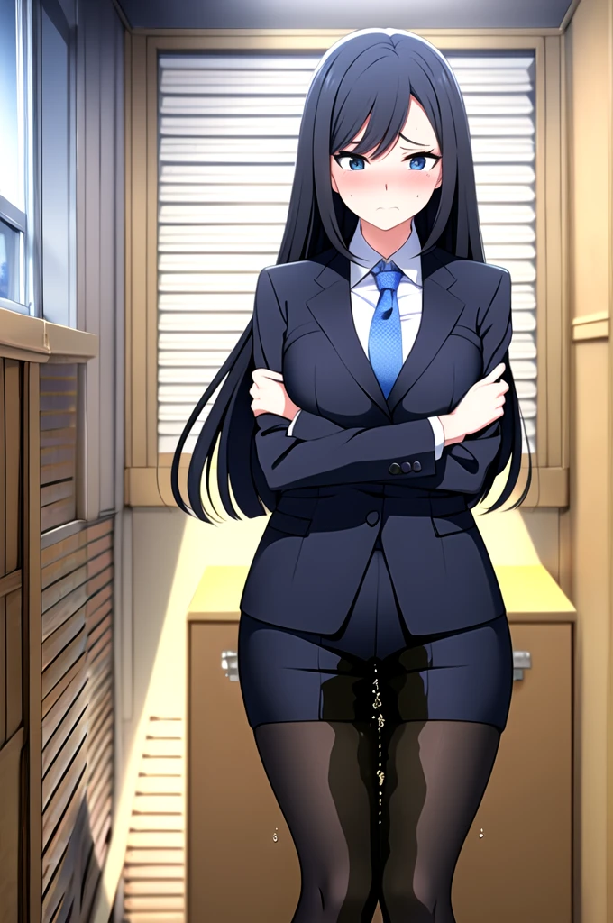 A woman with very long black hair, (very long hair:1.25) and (long bangs:1.5), wearing a business suit with a long pencil skirt and pantyhose, standing. The artwork is inspired by manga and incorporates a doujin style. The woman appears to be (wetting herself:1.5), which causes her to feel embarrassed and humiliated, resulting in a blush on her face. In addition, there is an air of anger in her expression. The lighting in the scene is moody, with a spotlight highlighting the woman's figure, Her arms are crossed (crossing arms:1.5), showcasing a very large pee stain that covers almost the entire front of her pencil skirt., large breasts, skinny