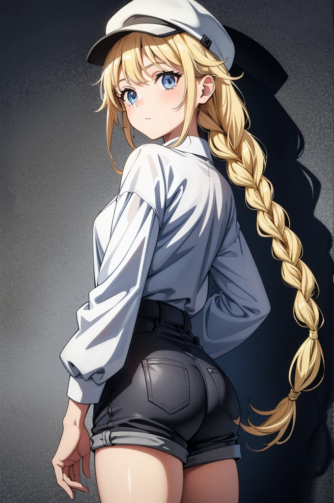 (((grayscale)))(masterpiece:1.2, best quality), (graffiti wall:1.15), super fine illustration,vibrant colors, masterpiece, sharp focus, best quality, depth of field, cinematic lighting,ultra detailed,masterpiece, best quality, ultra-detailed, illustration, beautiful detailed eyes,a girl in a hat that has blonde long hair is standing in the shorts, 1girl, solo, blue eyes, hat, braid, shorts, twin braids, blonde hair, long hair, ass, looking at viewer, thighs, white background, pocket, simple background, shirt,Eiko Tsukimi, blue eyes, braid, twin braid,(((blonde hair))),baseball cap,