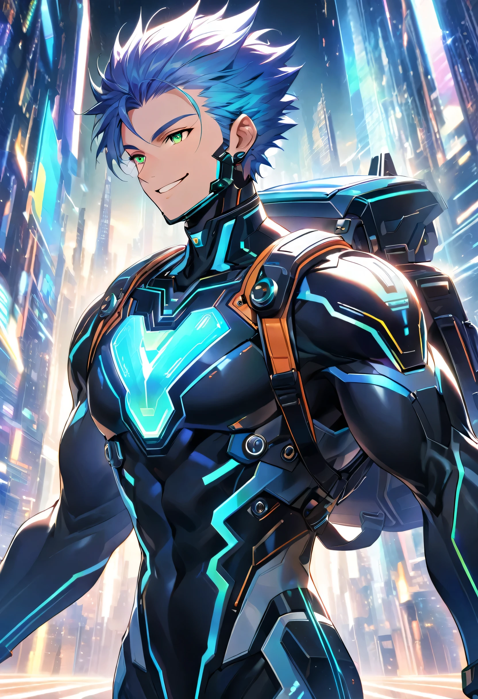 A friendly and charismatic male character in a futuristic black and blue cyber suit with glowing LED lines, short spiky blue hair, and sharp green eyes. He is tall, muscular, and has an energy backpack on his back. The character is smiling warmly and in a relaxed posture, exuding a welcoming and approachable aura. The background is a digital cityscape with floating holographic elements and light effects, representing a cybernetic world.