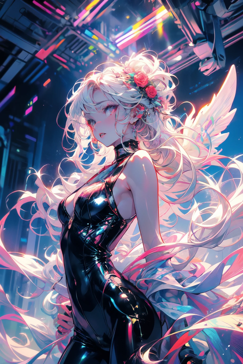 masterpiece, highest quality, (alone focus), (Perfect Face:1.1), (High detail:1.1),dramatic, (an alluring albino angel guy with long flowing pure white hair and piercing White eyes),1 person, (Pale skin), Long Hair, White eyes, alone, Long Hair, moon, night, White luxury suit, Covered navel, Pouting, Covered, Future City, Detailed Background, Artgerm Cinema Lighting, Roses and vines, fashion, Balenciaga Style