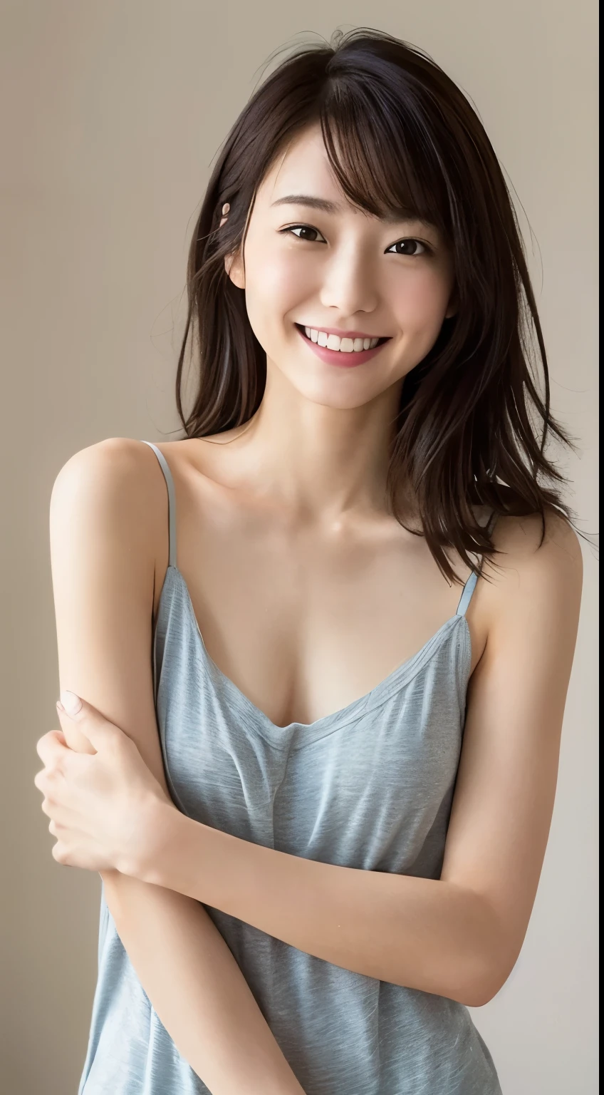 Photo judgment、thin、cute、Japan Beauty、smile、Fine skin、Thin camisole、Real Photo、Cinematic Light、Being stripped of clothes、とてもcute顔、Wear as light clothing as possible、26 years old