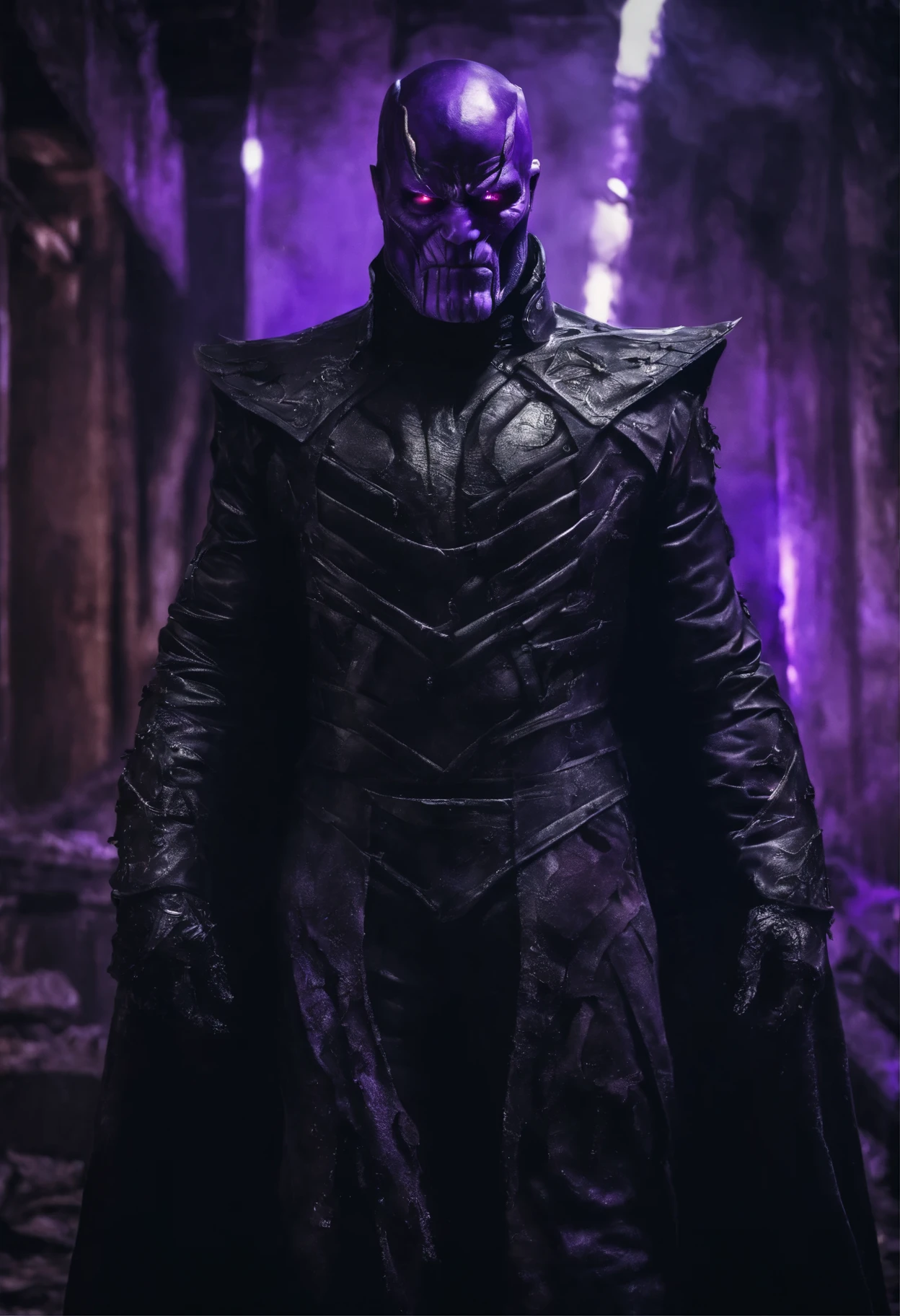 breathtaking cinematic science fiction photo of a portrait of a non human masked Grim dressed as thanos in purple leather, body full glowing metrics inside, glowing eyes, multifaceted eyes, metallic arms, inside a destroyed building, extremely menacing creature, highly detailed, award-winning