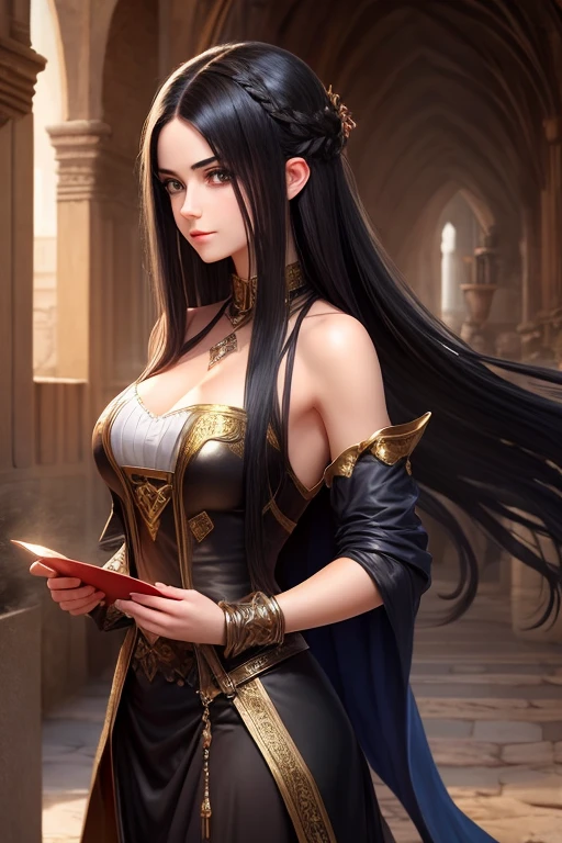 Human girl magician, 25 years old, Mediterranean features, long black hair, busty, medieval fantasy setting