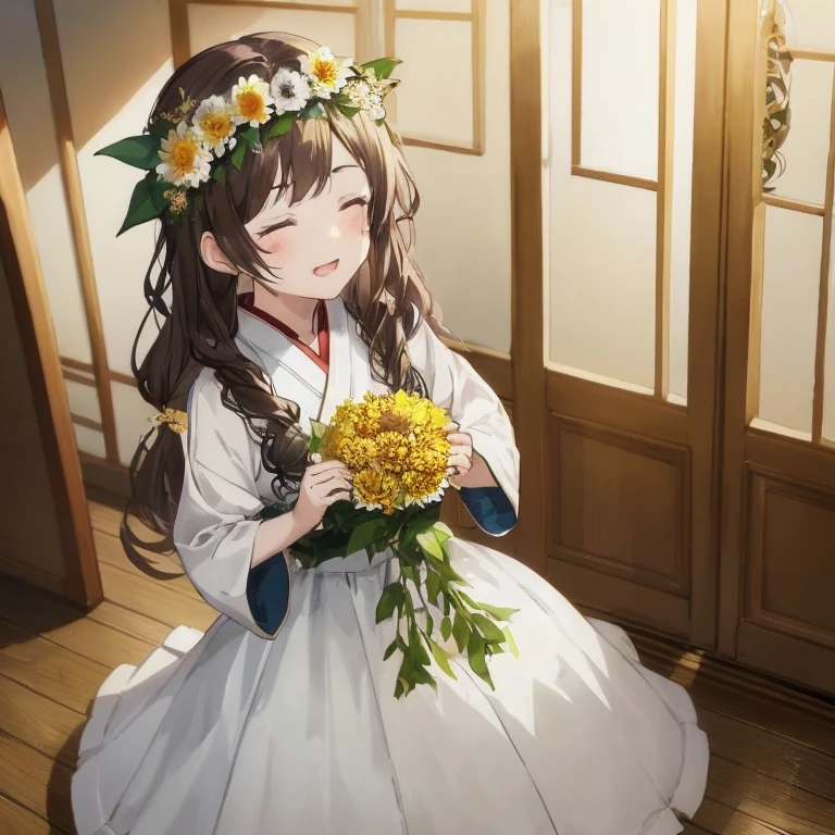 Anime girl in white dress with bouquet of flowers, Beautiful sunflower anime girl, anime moe art style, palatial palace ， a girl in hanfu, guweiz, Cute anime waifu in a nice dress, with flowers, Anime visuals of cute girls, guweiz on pixiv artstation, artwork in the style of guweiz, young anime girl