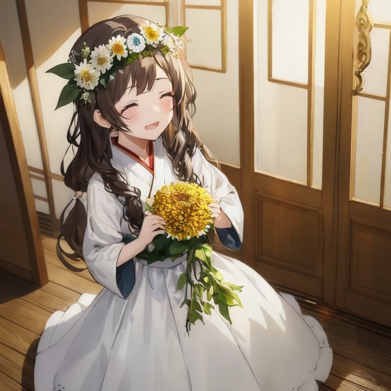 Anime girl in white dress with bouquet of flowers, Beautiful sunflower anime girl, anime moe art style, palatial palace ， a girl in hanfu, guweiz, Cute anime waifu in a nice dress, with flowers, Anime visuals of cute girls, guweiz on pixiv artstation, artwork in the style of guweiz, young anime girl