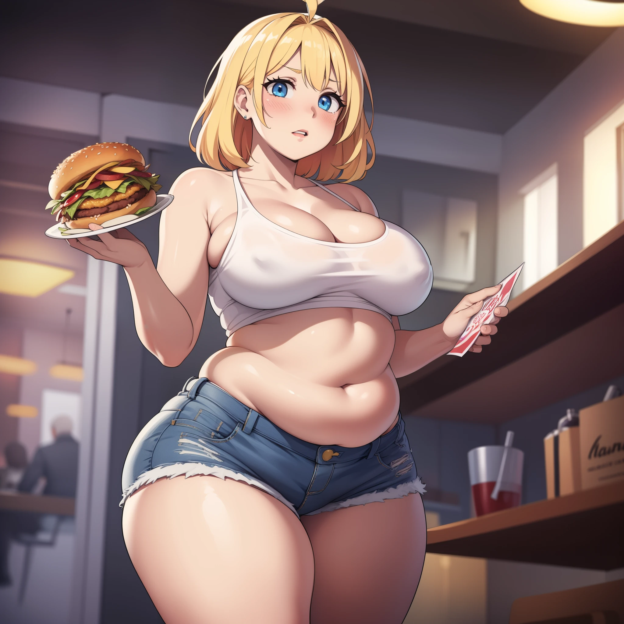 ((highres)), Masterpiece, high quality, best quality, beautiful, perfect lighting, detailed face, ultra cute face, ((blush)), (((1girl))), ((solo)), blonde hair, blue eyes, crop top and shorts, skindentation, full body, fast food restaurant, cleavage, medium breasts, ((wide hips)), ((thick thighs)), ((plump)), chubby belly, fat folds, belly hang, standing,