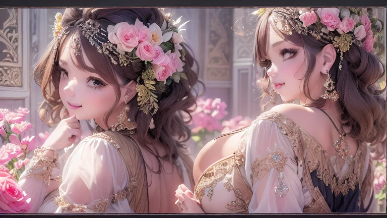 50 year old mature woman, Looking at the audience, Attractive breasts,Sensual curves、bubble、Full Body Shot,Nightgown, Charming smile, Thick lips, plump唇, blush, Looking at the audience, Provocative expression, Beautiful Hairstyles, Cleavage, plump、Curvy Hips、Attractive face、Mischievous face、Sexy Lingerie、An inviting gaze、Expressing emotions、colored feather, Money属装飾品, particle, Light, (masterpiece, highest quality, highest quality, Official Art, beautifully、aesthetic:1.2), (1 girl:1.3), Very detailed,(Fractal Art:1.1),(colorful:1.1)(flowerズ:1.3),Most detailed, (Dynamic pose), (Shiny skin), (Many colors :1.4), ,(Earrings:1.4), (feather:1.4),masterpiece, 30~40 years, Mr.々Hair style,Moneyのヘッドバンド,Tulle covers the chest,Perfect balance, Detailed details of the garment,marble,cinematicLighting, Film Grain, contrast of Light and dark,High detail,(((Gorgeous Accessories))))、Openwork decoration,(((See-through dress)))、(((Anatomically correct body))) ,1 girl, (High resolution), (8k), (Very detailed), Perfect Face, Beautiful eyes and face, (((highest quality))), (Very detailed), Detailed face and eyes, Beautiful Eyes,(((Sexy pose,Beautiful Eyes、Transparent double eyelids、(((Super gorgeous background)))、Bright Eyes,Money,diamond,gem,Body Chain,Luxury Accessories,beautifully、aesthetic,flower、(((Super gorgeous background)))、Bright Eyes