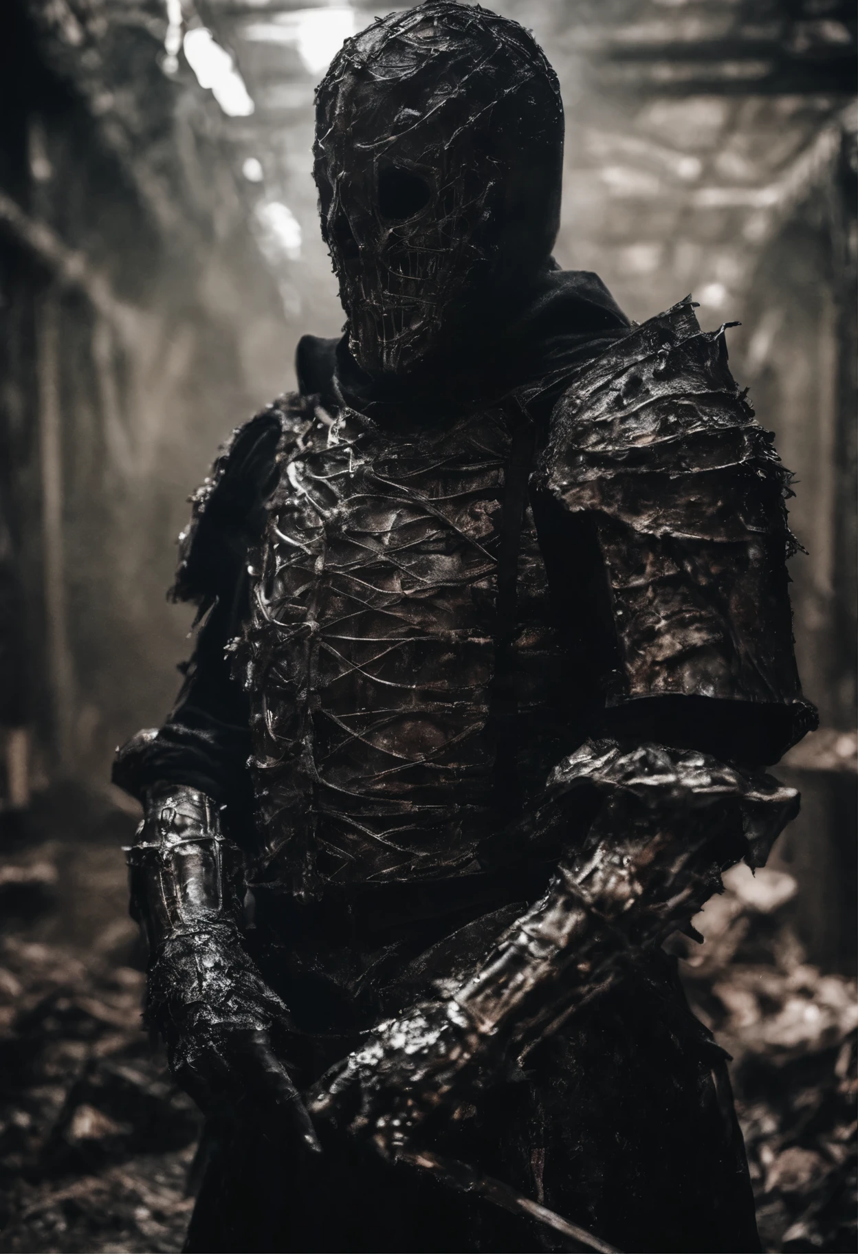 breathtaking cinematic science fiction photo of a portrait of a non human masked Grim dressed as a knight wrapped in dirty plastic, body full glowing metrics in the armour, glowing  eyes, l metallic arms, in the middle of a messy place, extremely menacing creature, highly detailed, award-winning