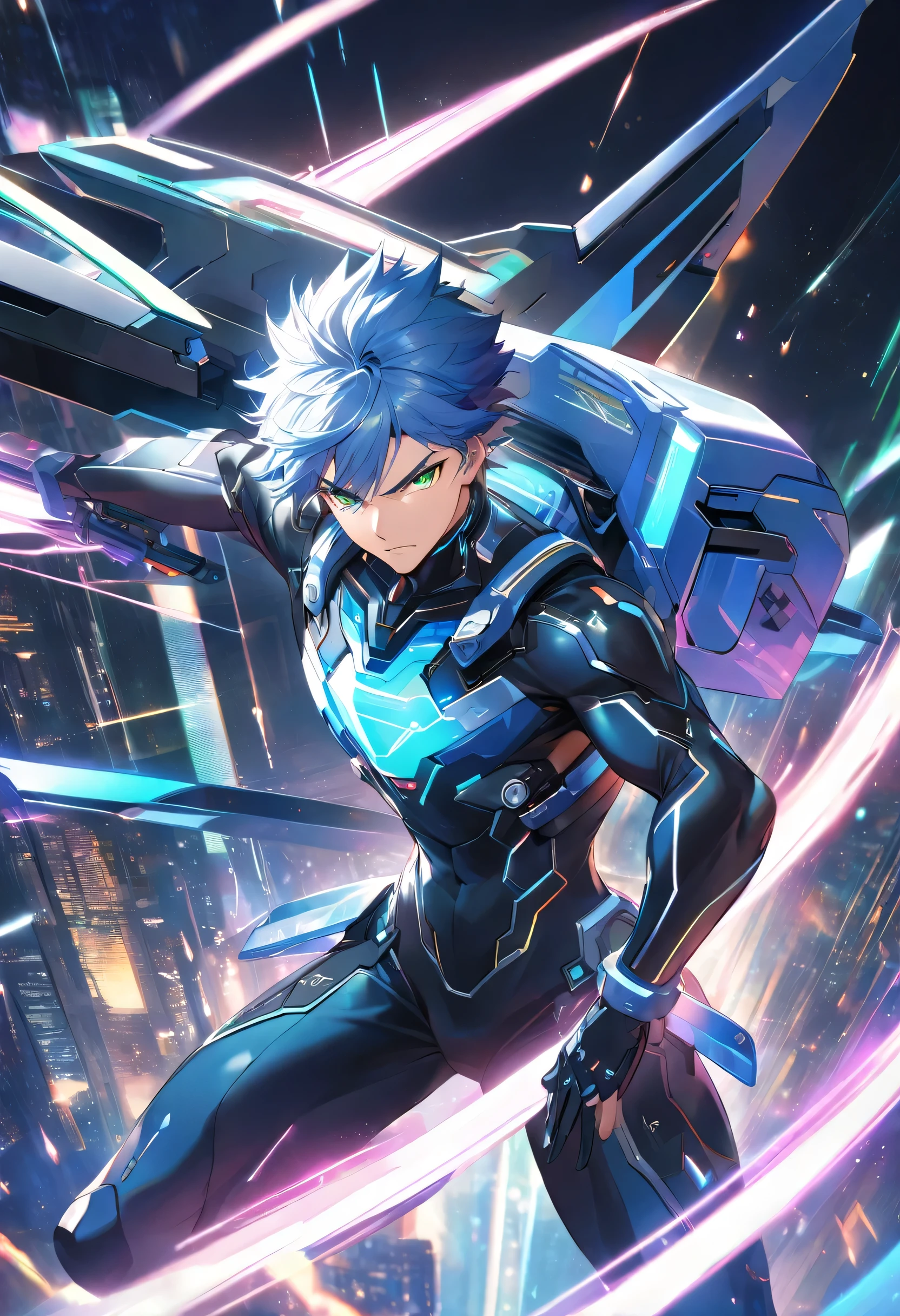 A dynamic male character in a futuristic black and blue cyber suit with glowing LED lines, short spiky blue hair, and sharp green eyes. He is tall, muscular, and has an energy backpack on his back. The character is in a combat pose, wielding energy blades, with a serious and focused expression. The background is a digital cityscape with floating holographic elements and light effects, representing a cybernetic world.,BREAK,Cyberspace Background,Purple, white and black color scheme,neon,Dance,Anatomically correct,flash,Sparkling,Intricate details,Beautiful light and shadow,(Rei Ayanami:0.2),Draw carefully,Carefully crafted down to the last detail