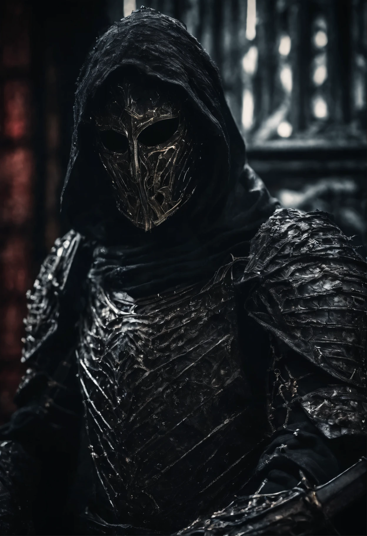 breathtaking cinematic science fiction photo of a portrait of a non human masked Grim dressed as a knight wrapped in led lights, body full glowing metrics in the armour, glowing eyes, l metallic arms, in the middle of a messy place, extremely menacing creature, highly detailed, award-winning