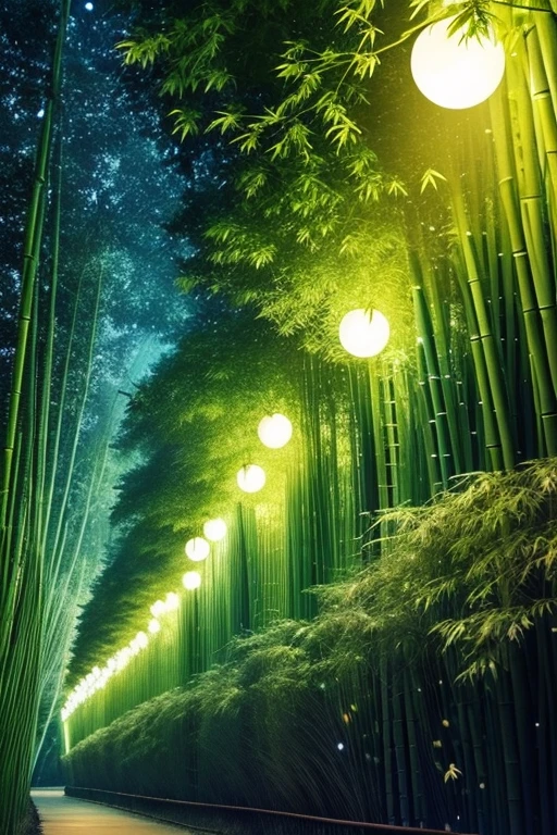 Silent night, quiet bamboo forest, bamboo leaves falling with the wind, full moon in the sky, fireflies flying