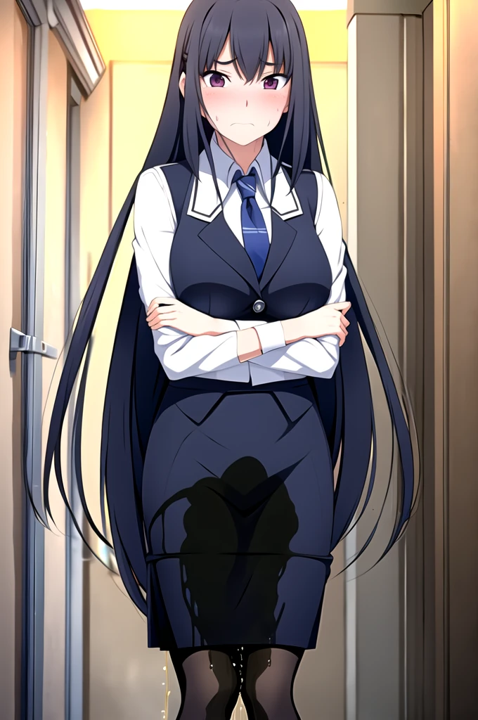 Sakaki Yumiko, (very long hair:1.25) and (long bangs:1.5), wearing a business suit with a long pencil skirt and pantyhose, standing. The artwork is inspired by manga and incorporates a doujin style. The woman appears to be (wetting herself:1.5), which causes her to feel embarrassed and humiliated, resulting in a blush on her face. In addition, there is an air of anger in her expression. The lighting in the scene is moody, with a spotlight highlighting the woman's figure, Her arms are crossed (crossing arms:1.5), showcasing a very large pee stain that covers almost the entire front of her pencil skirt., large breasts, skinny