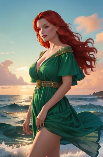 redhead woman in green dress standing in the ocean, deusa ruiva, com cabelos ruivos e olhos verdes, com cabelo ruivo cacheado, linda arte digital, beautiful digital illustration, bela arte de fantasia, linda arte digital, Magali Villeneuve&#39;, DeviantArt Artstation CGScosiety, Graphic artist Magali Villeneuve, inspirado em Magali Villeneuve, inspirado em Cynthia Sheppard