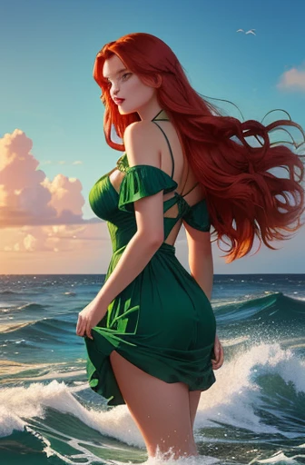 redhead woman in green dress standing in the ocean, deusa ruiva, com cabelos ruivos e olhos verdes, com cabelo ruivo cacheado, linda arte digital, beautiful digital illustration, bela arte de fantasia, linda arte digital, Magali Villeneuve&#39;, DeviantArt Artstation CGScosiety, Graphic artist Magali Villeneuve, inspirado em Magali Villeneuve, inspirado em Cynthia Sheppard