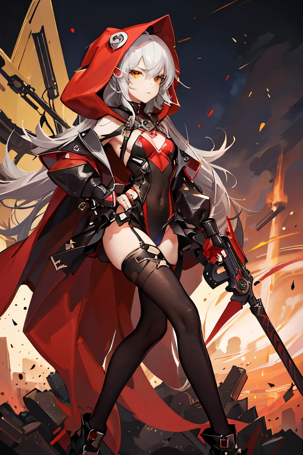 Create an image of an adult Red Riding Hood superhero who is vigilantly patrolling the crime-infested streets of a dark and dangerous city. She is a (((femboy))) wears a sleek, modernized version of the classic red hooded cape, but it's now a form-fitting, crimson latex outfit with black accents. Her costume features elements of both strength and grace, with a touch of yellow to symbolize hope and determination. She's armed with domination gadgets and is seen confidently navigating the gritty urban landscape, her presence a beacon of justice in the midst of chaos. (((sexy))). ((((flat chest)))) action pose, dynamic angle