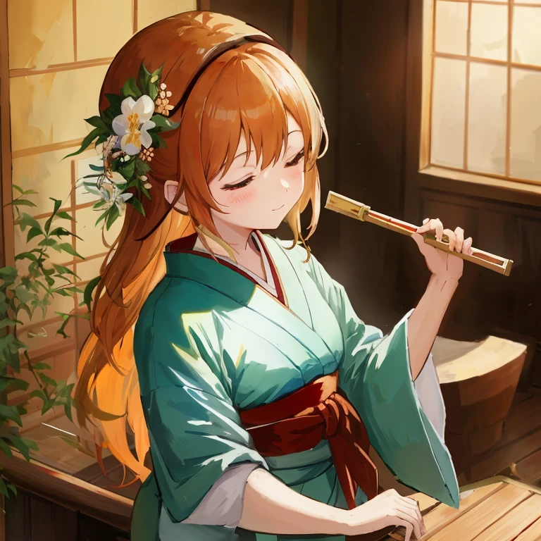 Anime girl in kimono costume playing flute in front of window, in a kimono, inspired by Nishikawa Sukenobu, Ayaka Genshin Impact, marin kitagawa fanart, painted in anime painter studio, in a kimono, Rin, demon slayer rui fanart, Beautiful Anime Portrait, Kantai Collection Style, japanese art style, made with anime painter studio