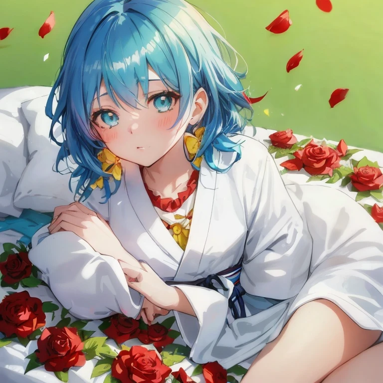 Blue hair anime girl lying on bed with red roses, Mikudayo, Anime girl with teal hair, Top Rated on pixiv, anime style 4 k, anime moe art style, rem rezero, High quality anime art style, Ayanami, Rin, Rei Ayanami, Anime art wallpaper 8k, popular on pixiv, blue robe