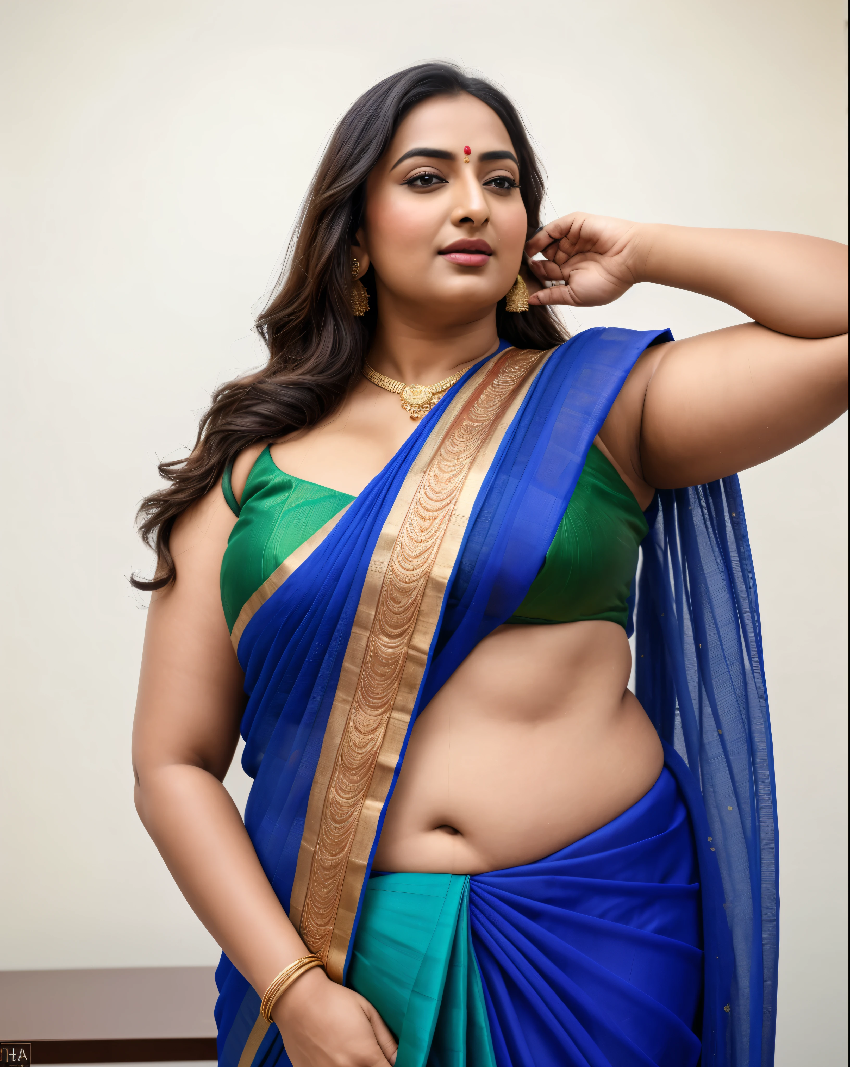 Foto RAW, photorealistic, photography, full body shot, master shot, perfect eyes, goddess like beauty, pierced eyes, perfect thick chubby mallu Desi aunty bhabhi, Wearing a Stanapatta, a chest-band.Saree model, model Photography, Indian saree shoot, Indian traditional wear advertising photography, traditional wear brand shoot, face of Indian actress Sonakshi Sinha, masterpiece, realistic, realism, incredible details,  pleasure, photorealism, detailed skin, skin pores, high contrast, photorealistic Artstation 8k HD digital art trend of high definition and detailed realistic skin texture, ultra detail, realistic skin texture, armature, best quality, ultra high definition, (photorealistic:1.4),, high resolution, detail, raw photo, sweat, Re sharp, by Lee Jefferies Nikon D850 Film Stock Photo 4 Kodak Portra 400 Camera F1.6 Lens Rich Color Ultra Real Realistic Realistic Textures Dramatic Lighting Unreal Engine Trending at Art Station Cinestill 800,(pele altamente detalhada: 1.2), 8k UHD, DSLR, soft-lighting, alta qualidade, grain of film, Fujifilm XT3,she didn't like to wear blouse or bra, she is happy to wear only saree, she hates blouse or bra, detailed hairy armpits, hyper realistic skin, skin pores, sweat, veins, 