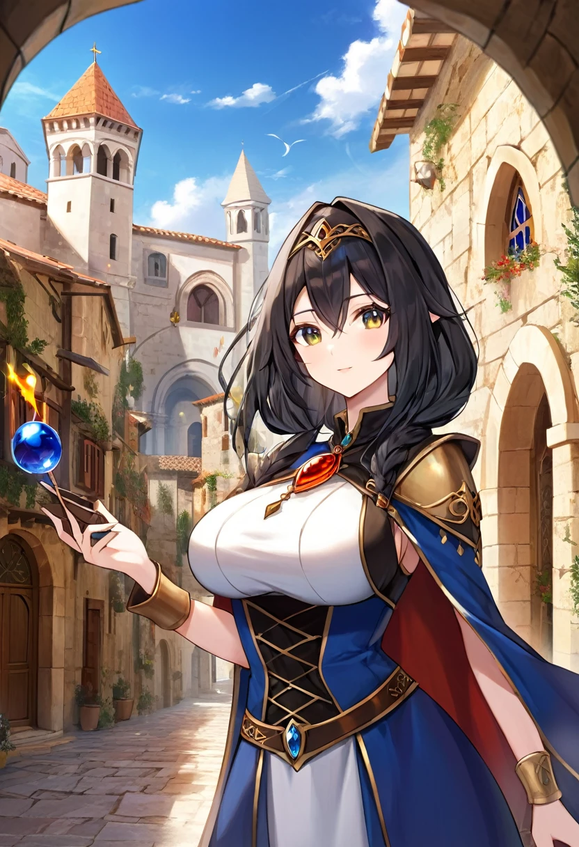 Human girl magician, 25 years old, Mediterranean features, long black hair, busty, medieval fantasy setting