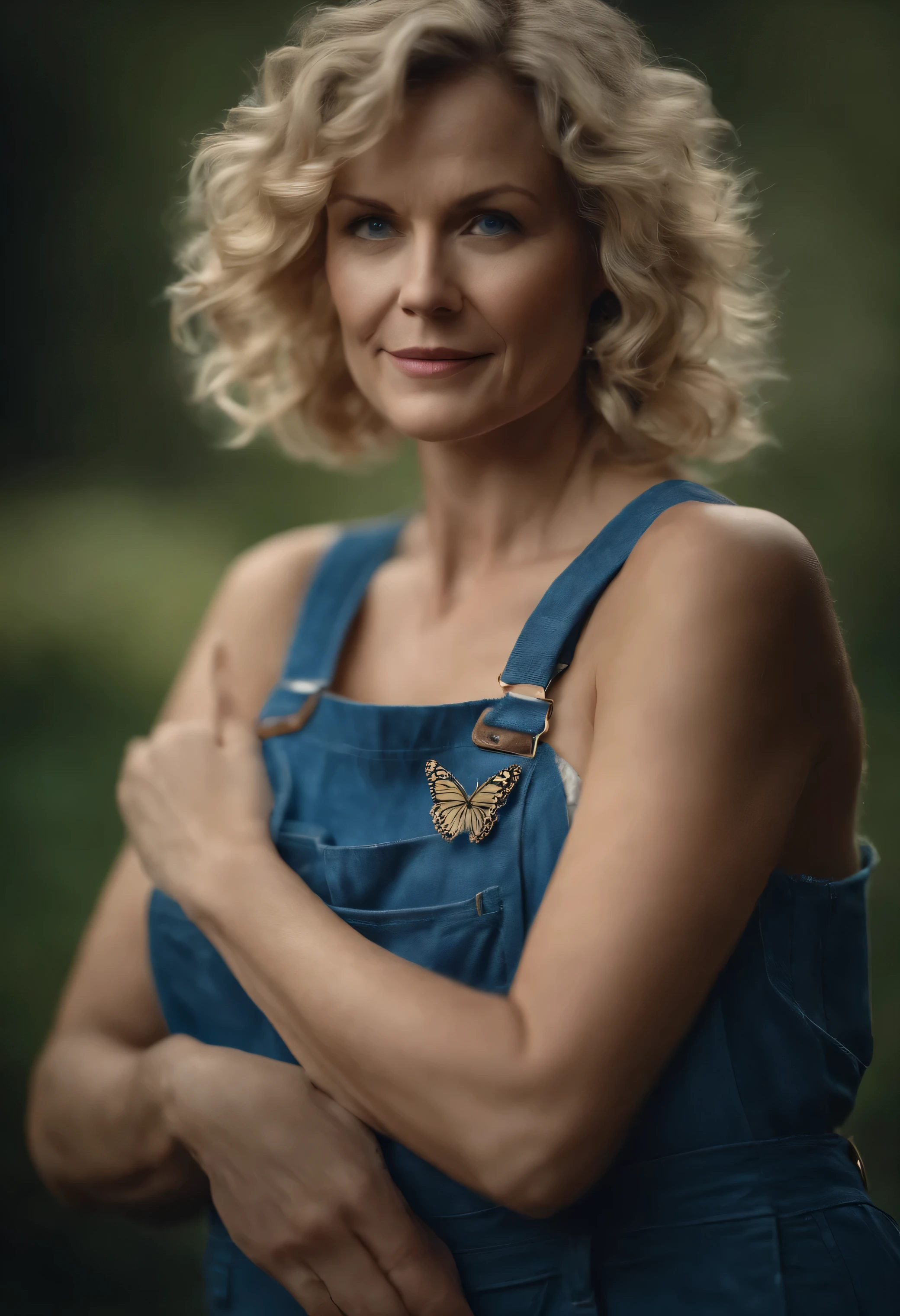 woman in her forties, blonde with short curly hair wearing overalls with a blue butterfly in her hand
