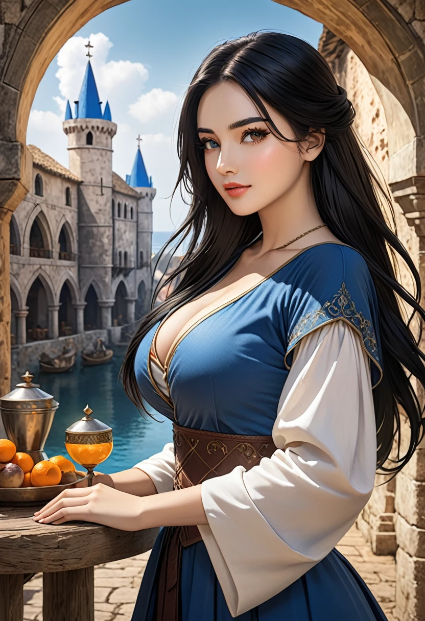 Human girl magician, 25 years old, Mediterranean features, long black hair, busty, medieval fantasy setting
