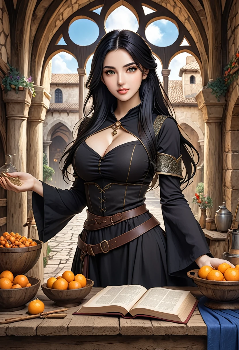 Human girl magician, 25 years old, Mediterranean features, long black hair, busty, medieval fantasy setting