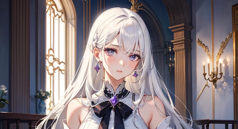 High-definition quality，A tall beauty，White hair，Waist-length hair，Exquisite facial features，Gentle eyes，Purple pupils，Cute face，White Dress，Cute with a touch of charm，standing in living room，coffee table，sofa，Half-body physiognomy 