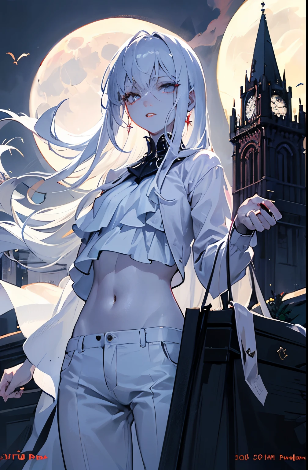 masterpiece, best quality, (Solitary focus), (Perfect face:1.1), (High Detail:1.1),dramatic, 1 person, (Pale skin), Long white hair, White eyes, Solitary, Long hair, moon, night, White luxury suit, vampire, cover navel, Pursed lips, cover, Victoria City, Detailed background, Gothic Revival, light,