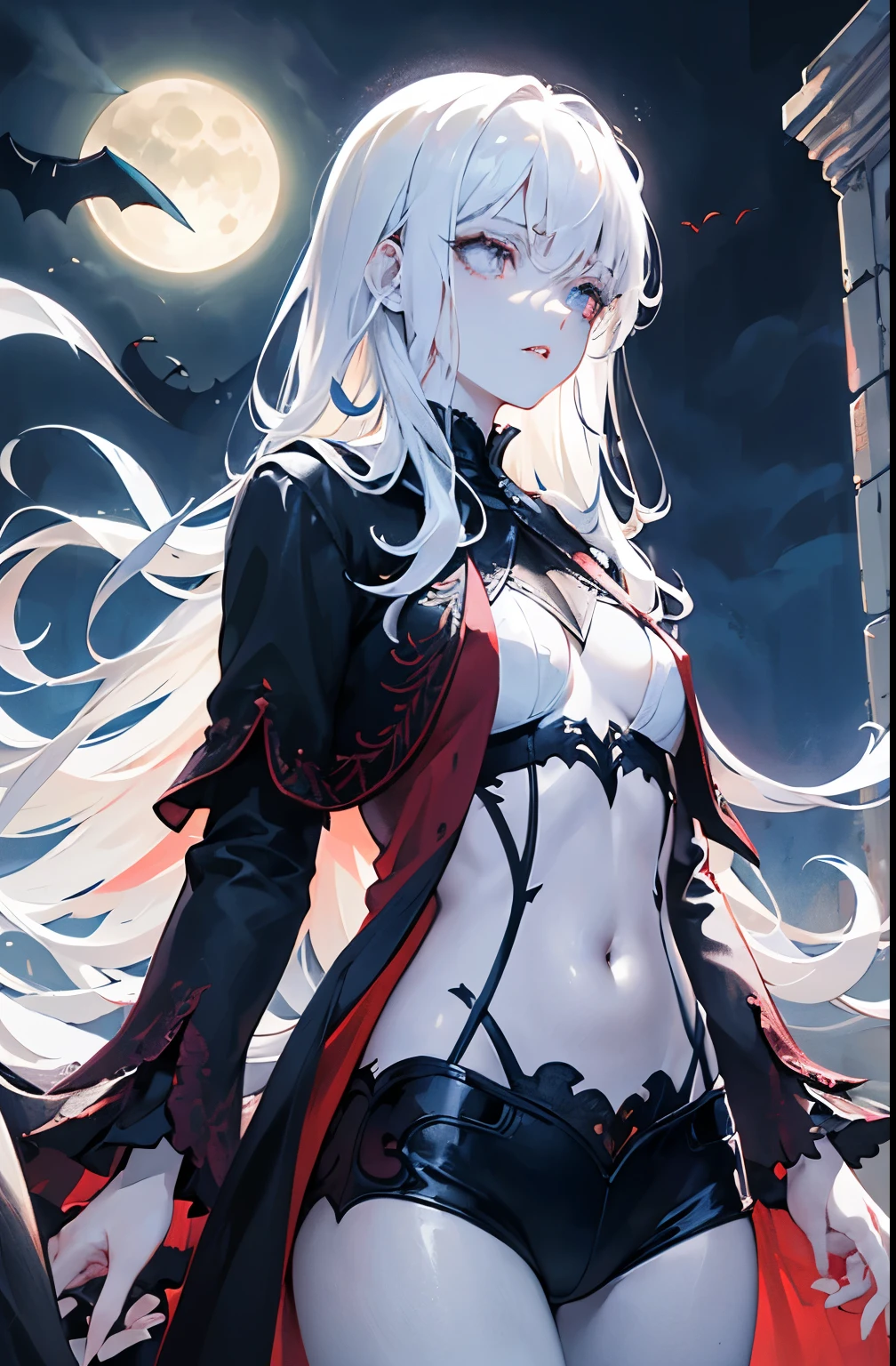masterpiece, best quality, (Solitary focus), (Perfect face:1.1), (High Detail:1.1),dramatic, 1 person, (Pale skin), Long white hair, White eyes, Solitary, Long hair, moon, night, White luxury suit, vampire, cover navel, Pursed lips, cover, Victoria City, Detailed background, Gothic Revival, light,