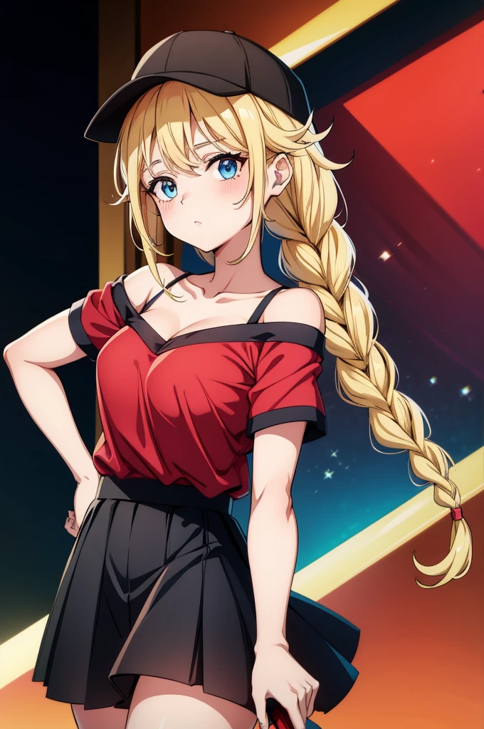 a drawing of a female cartoon character posing with a baseball cap on, 1girl, breasts, solo, hat, blue eyes, blonde hair, skirt, braid, looking at viewer, black skirt, black headwear, twin braids, red shirt, collarbone, baseball cap, blush, bare shoulders, shirt, off shoulder, cleavage